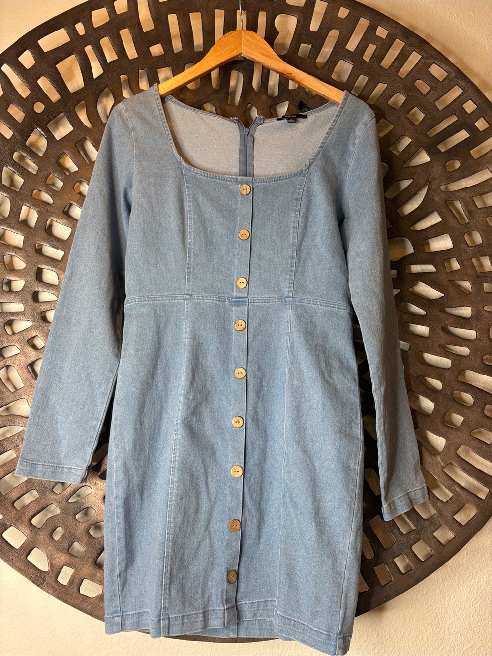 💙 Blashe Light Blue Denim Shirt Dress Large Cotton Blend Stretch Button Front
